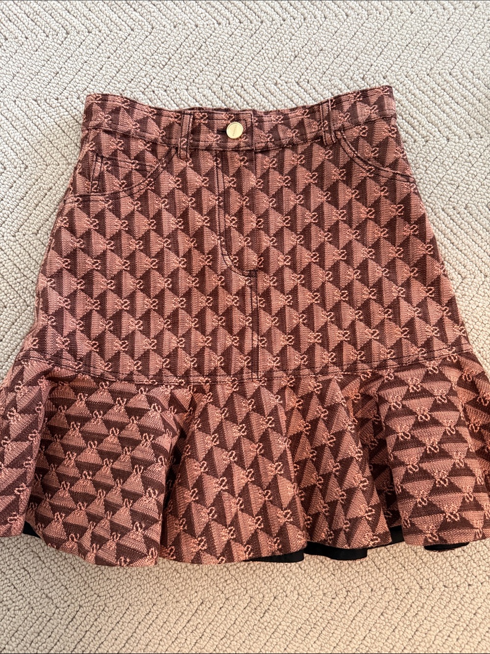 Sandro Rose Brown Geometric Ruffle Hem Skater Skirt